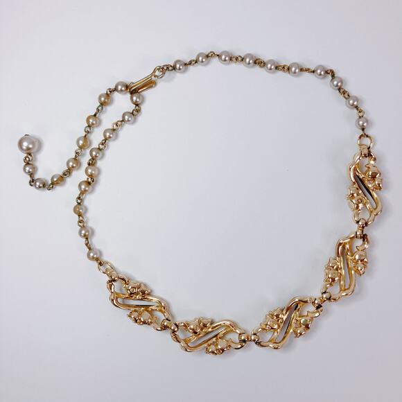 Vintage 50s Gold Tone Black Enamel Faux Pearl Rhinestone Link Choker Necklace - Picture 9 of 14